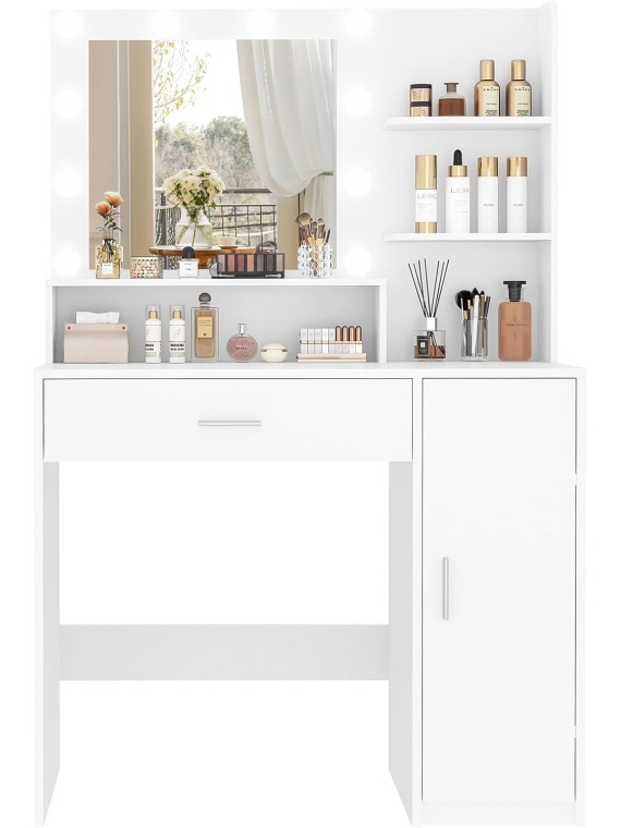 Vanity Desk with 10 Lights & Mirror, 3 Storage Shelf, Big Drawer, Cabinet with Shelves, 3 Lighting Modes & Adjustable Brightness Dressing Table, Small Makeup Vanity, 35.4” Desk, White