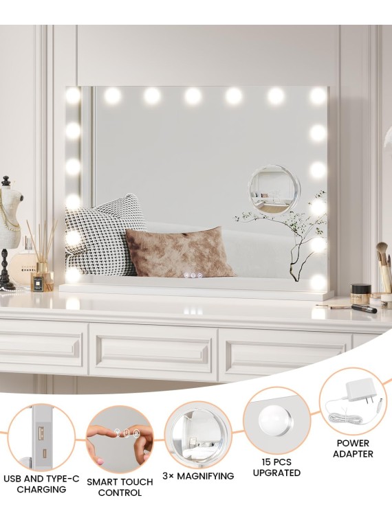 Vanity Mirror with Lights, 32" x 24" Makeup Mirror with Lights, Hollywood Lighted Vanity Mirror with 17 Dimmable LED Bulbs, 3 Color Modes, Light up Mirror with Touch Control for Bedroom, Tabletop