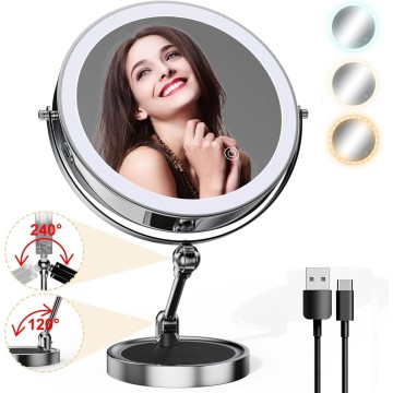 Lighted Makeup Mirror [Brightness Enhanced Version], Real 2500mah Rechargeable Double Sided 10x Magnifying Mirror with 3 Colors Tabletop Standing Vanity Mirror with Adjustable Height,Chrome