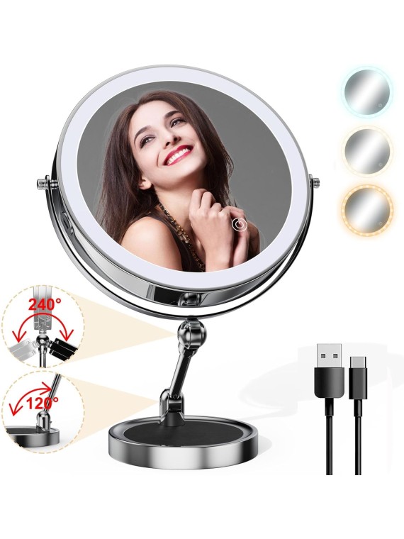 Lighted Makeup Mirror [Brightness Enhanced Version], Real 2500mah Rechargeable Double Sided 10x Magnifying Mirror with 3 Colors Tabletop Standing Vanity Mirror with Adjustable Height,Chrome