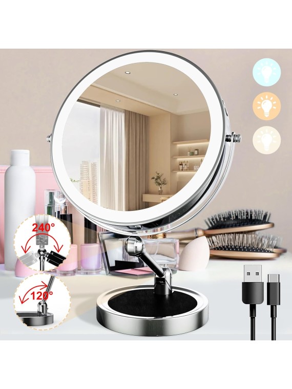 Lighted Makeup Mirror [Brightness Enhanced Version], Real 2500mah Rechargeable Double Sided 10x Magnifying Mirror with 3 Colors Tabletop Standing Vanity Mirror with Adjustable Height,Chrome