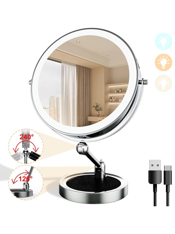 Lighted Makeup Mirror [Brightness Enhanced Version], Real 2500mah Rechargeable Double Sided 10x Magnifying Mirror with 3 Colors Tabletop Standing Vanity Mirror with Adjustable Height,Chrome