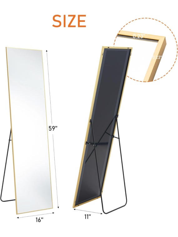 Full Length Mirror Full Body Floor Mirror Standing Hanging or Leaning Wall Mirror with Stand Aluminum Alloy Thin Frame for Bedroom Cloakroom, Gold