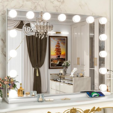 Hollywood Vanity Mirror with Lights 32x25 Large Lighted Makeup Mirror 10X Magnification 15 Dimmable LED Bulbs and 3 Color Lighting with USB Charging Port for Desk Tabletop or Wall-Mounted