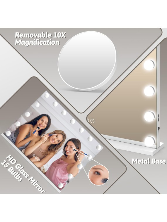 Hollywood Vanity Mirror with Lights 32x25 Large Lighted Makeup Mirror 10X Magnification 15 Dimmable LED Bulbs and 3 Color Lighting with USB Charging Port for Desk Tabletop or Wall-Mounted