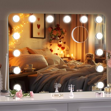 Hollywood Vanity Mirror with Lights, 18" x 14" LED Makeup Mirror, 3 Modes Light, Smart Touch Control Dimmable, 360°Rotation, Rounded Rectangle White Frame, with 5X magnifying glass