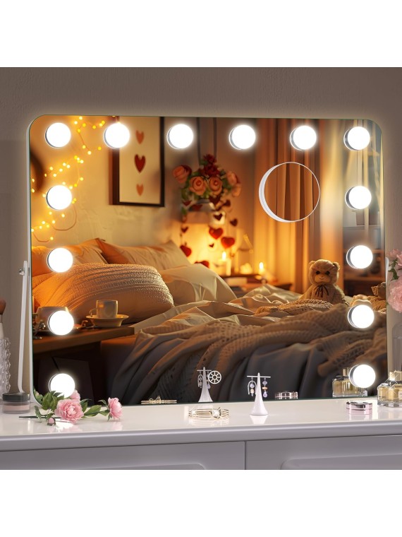 Hollywood Vanity Mirror with Lights, 18" x 14" LED Makeup Mirror, 3 Modes Light, Smart Touch Control Dimmable, 360°Rotation, Rounded Rectangle White Frame, with 5X magnifying glass