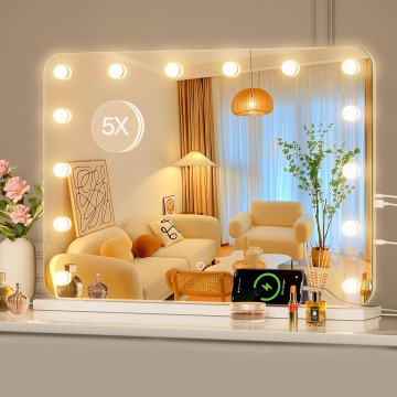 28''X20'' Hollywood Vanity Mirror, Rounded Rectangle White Frame Vanity Mirror with Lights, 3 Color Lighting Modes & Stepless Dimming, USB & Type-C Charging Port, Wall Mounted Or Tabletop