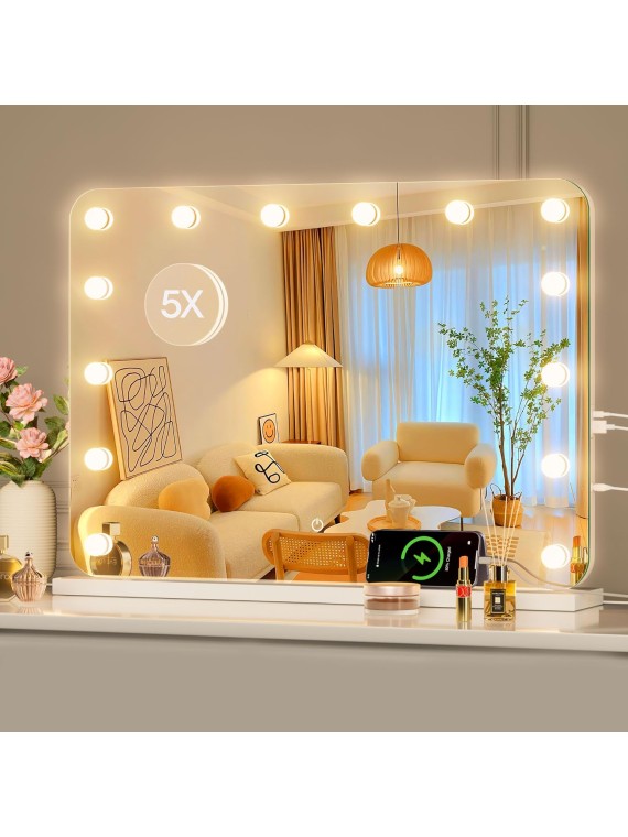 28''X20'' Hollywood Vanity Mirror, Rounded Rectangle White Frame Vanity Mirror with Lights, 3 Color Lighting Modes & Stepless Dimming, USB & Type-C Charging Port, Wall Mounted Or Tabletop