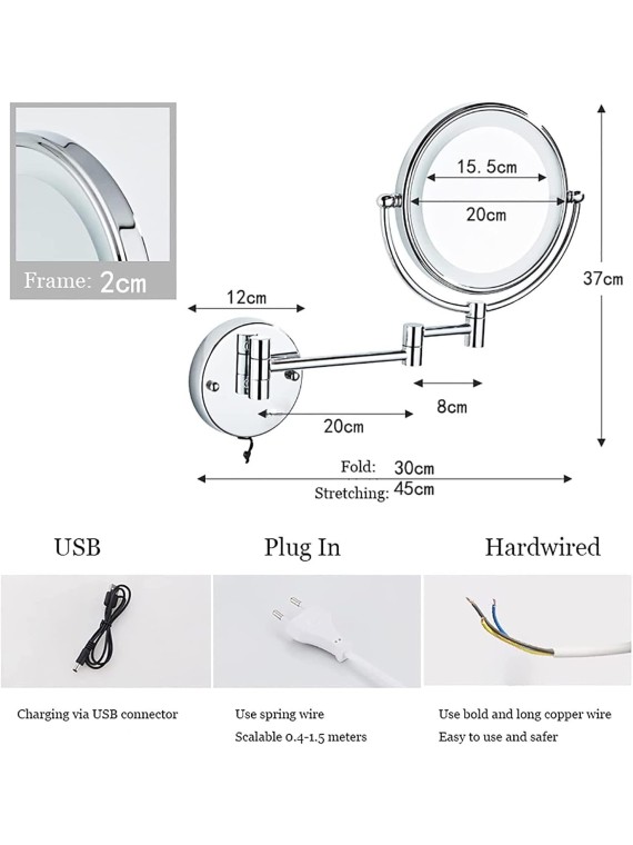 LED Makeup Mirror with Lights and Magnification, Hardwired Double Sided Shaving Mirror Wall Mounted 360° Swivel Extendable Vanity Mirror,Gold,3X (Color : Brass, Size : 5X)