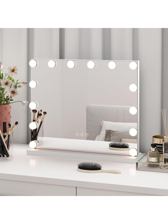 Vanity Mirror with Lights - 20" Hollywood Lighted Makeup Mirror with 14 LED Bulbs, 3 Color Lighting Modes, Adjustable Brightness, Metal Frame, Tabletop Lighted Vanity Mirror for Bedroom