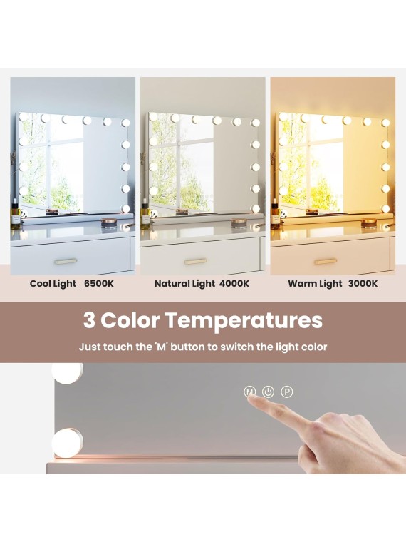 Vanity Mirror with Lights - 20" Hollywood Lighted Makeup Mirror with 14 LED Bulbs, 3 Color Lighting Modes, Adjustable Brightness, Metal Frame, Tabletop Lighted Vanity Mirror for Bedroom