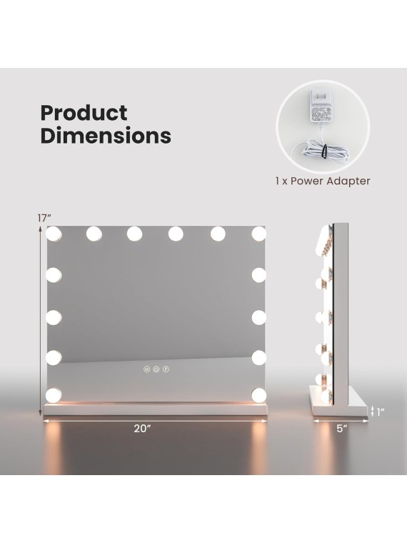 Vanity Mirror with Lights - 20" Hollywood Lighted Makeup Mirror with 14 LED Bulbs, 3 Color Lighting Modes, Adjustable Brightness, Metal Frame, Tabletop Lighted Vanity Mirror for Bedroom