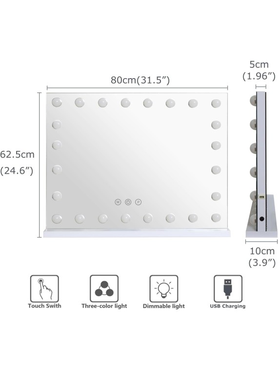 31.5"x 23.6" Vanity Mirror Makeup Mirror with Lights,10X Magnification,Large Hollywood Bluetooth Lighted Vanity Mirror with 15 LED Bulbs & Speaker,3 Color Modes,Touch Control for Wall-Mounted